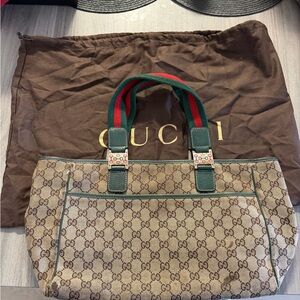 Gucci Beige and Green Monogram Handbag